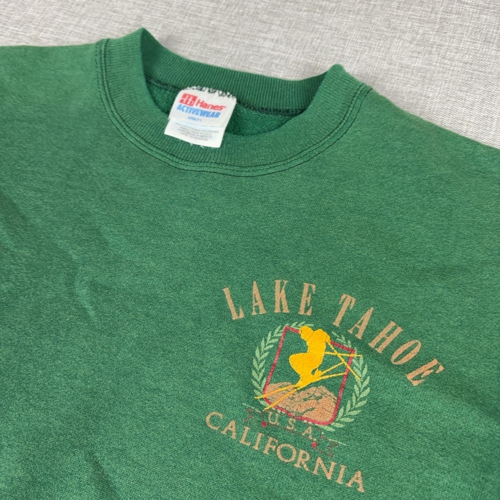 Vintage Lake‎ Tahoe Hanes Sweatshirt Mens Large Green California Ski Graphic